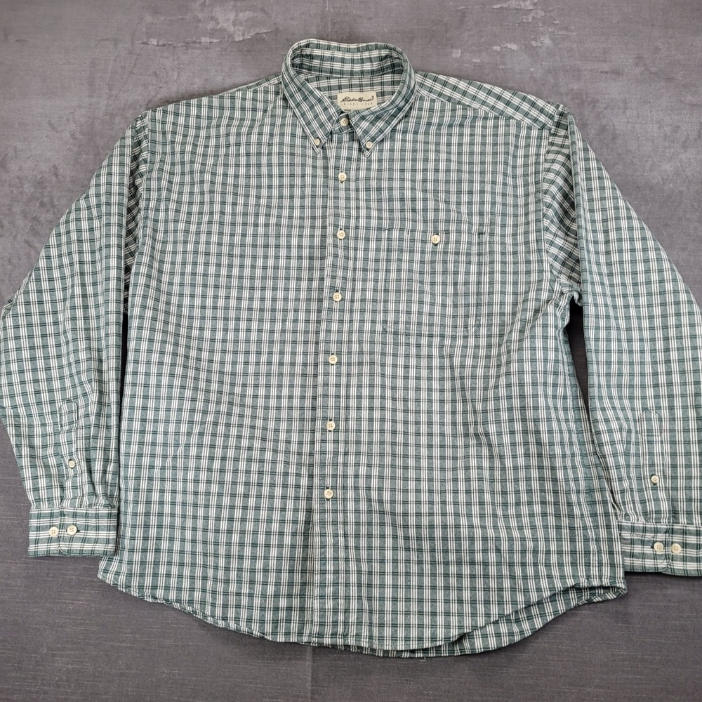 Eddie Bauer Mens XXL Green Plaid Button‎ Down Long Sleeve Shirt Flannel Cotton